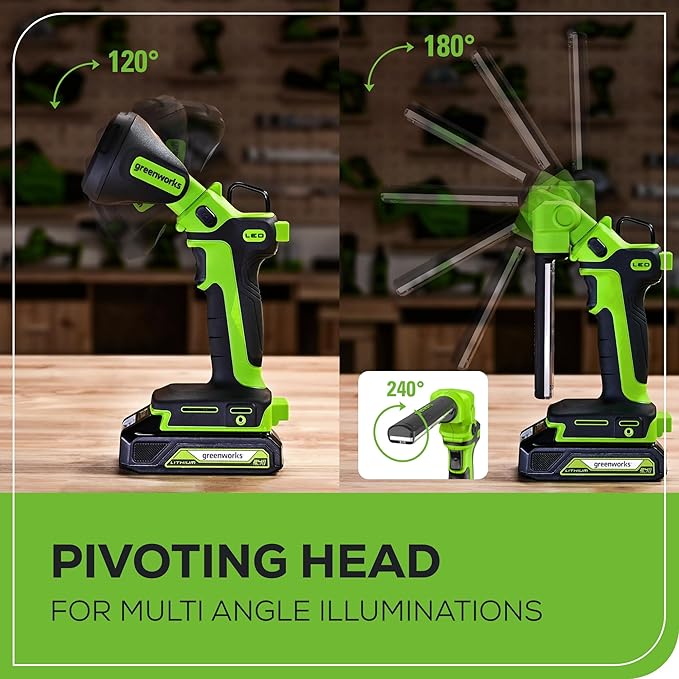 Greenworks 24V 2-in-1 Work Light, Dual Function, (2) Interchangeable Light Heads, 650 Lumen LED, 2.0Ah Battery and Compact Charger Included
