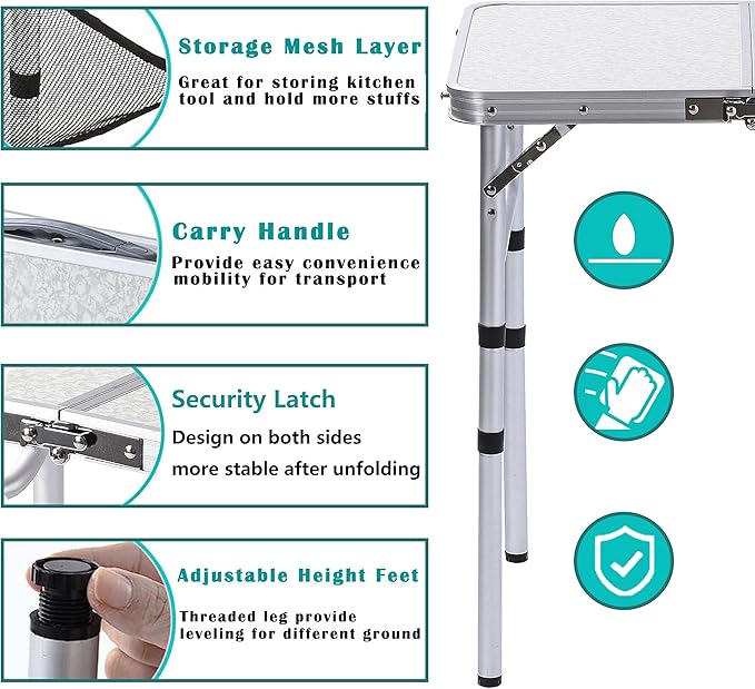 Adjustable Height Camping Table with Mesh Layer, 23.6" x 15.7" Portable Folding Camp Tables with Aluminum Legs for Outdoor Camp, Picnic, Beach, Backyard, Tailgate Cooking, 3 Heights…