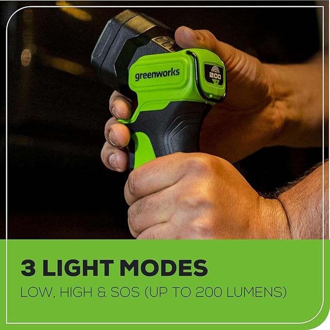 Greenworks 24V Cordless LED Flashlight Kit, 200lm Handheld Light, 2Ah Battery and Charger Included