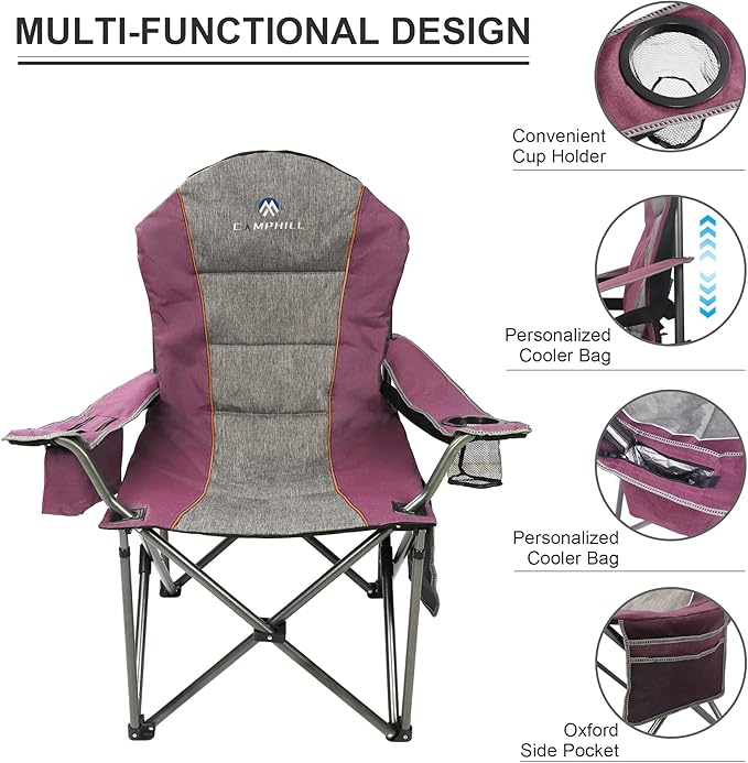 Folding Camping Chair:Oversized Portable Lawn Chairs for Adults,Outdoor Heavy Duty Padded Seats,Support 350 LBS,for Camp,Travel & Picnic