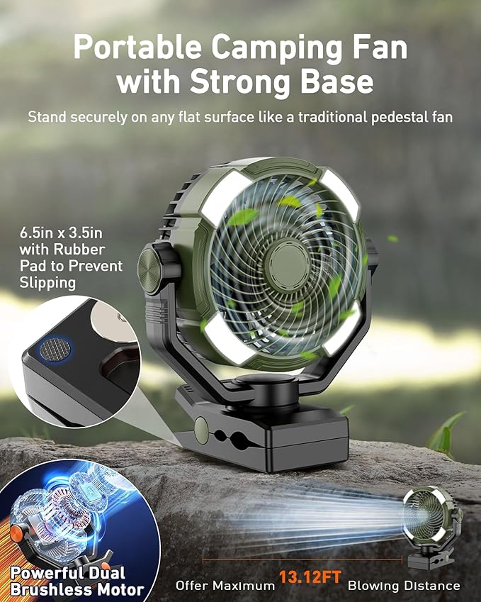 DUKUSEEK 20000mAh Clip On Fan with LED Light, 9-inch 60Hrs Portable Camping Fan with Sturdy Clamp, 360Β° Oscillating Personal Desk Fan for Office, Worksite, Golf - Regargeable Battery Powered USB Fans
