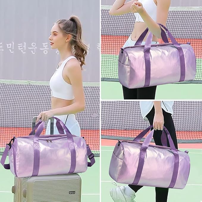 Gym Bag Sports Duffle Bag with Wet Pocket Weekender Overnight Bag with Waterproof Shoe Pouch and Air Hole for Women Girls Travel Foldable Bag (Metallic Purple)