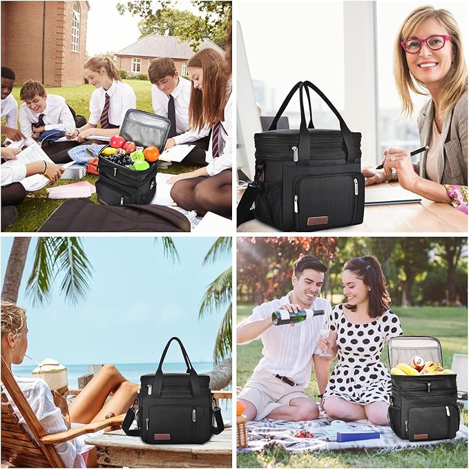 LOKASS Lunch Bag for Women/Men Work, 16L Expandable Double Deck Lunch box, Waterproof Leak-proof Cooler Bag, Portable Meal Prep Lunchbag with Adjustable Shoulder Strap-Black