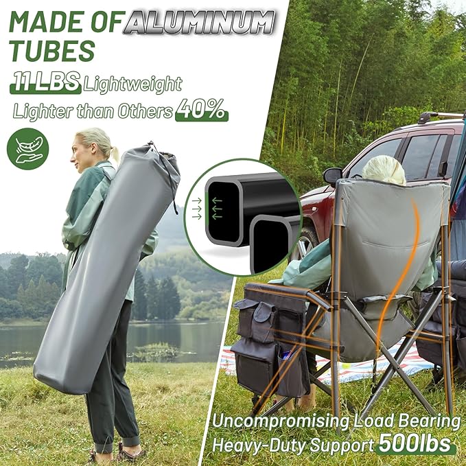 TIMBER RIDGE Oversized Folding Camping Chair with Lumbar Support Adjustable High Back Heavy Duty for Adults Aluminum Support up to 500lbs with Cup Holder, Cooler Bag, Side Pocket