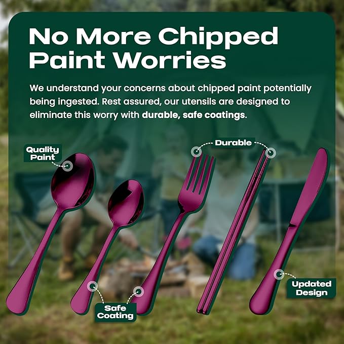 Portable Travel Silverware Set With Case, Includes 5 Pcs of Travel Utensils With Case, Stainless Steel Flatware Set For Camping, Easy to Travel, Lightweight (Purple), Medium, TL-05P