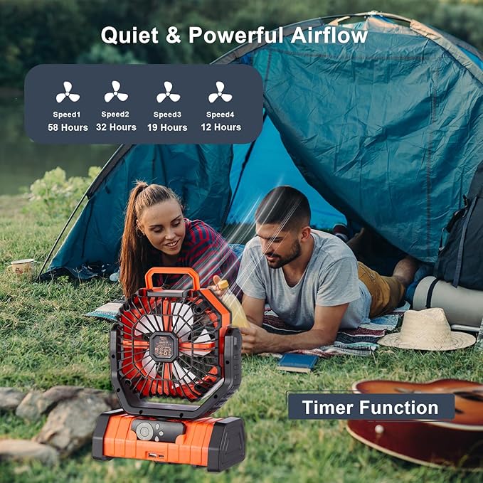 Rechargeable Fan,Operated Camping Battery Powered Fan with Hook&Bright LED Light,Remote Control Timer Auto Oscillation Cordless Outdoor for Power Outage,Picnic,Barbecue,Jobsite,Home,Fishing,Travel