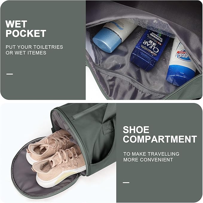Gym Bag for Women & Men with Wet & Shoe Compartment, Small Duffle Bag for Travel, Sport, Gym, Workout, Overnight, Weekender, Carry-on - Dark Green