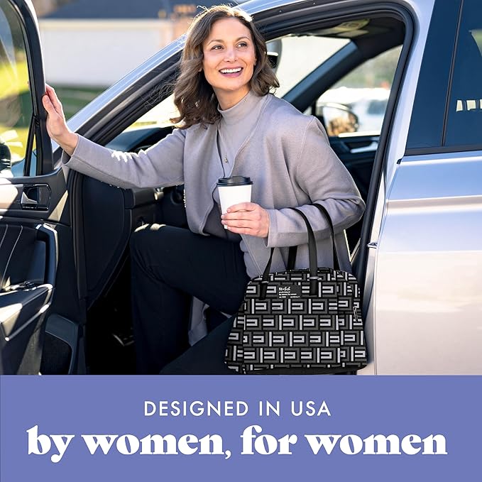 Fit & Fresh Insulated Lunch Box For Women, Leakproof & Stain-Resistant With Expandable Bottle Pocket, Zipper Closure - Laketown Lunch Bag Black Geo