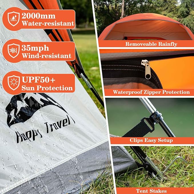 Happy Travel Camping Tent, 6 Person Dome Tents for Camping with Rainfly, Waterproof Clip Easy Setup Portable Family Tent with Mesh Windows, 20% More Headroom Backpacking Tents for Camping & Hiking