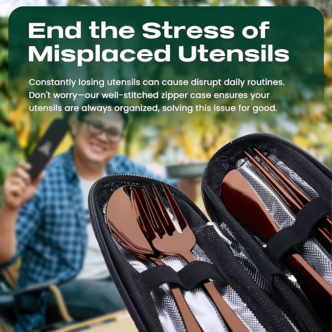 Portable Travel Silverware Set With Case, Includes 5 Pcs of Travel Utensils With Case, Stainless Steel Flatware Set For Camping, Easy to Travel, Lightweight (Rose Gold)
