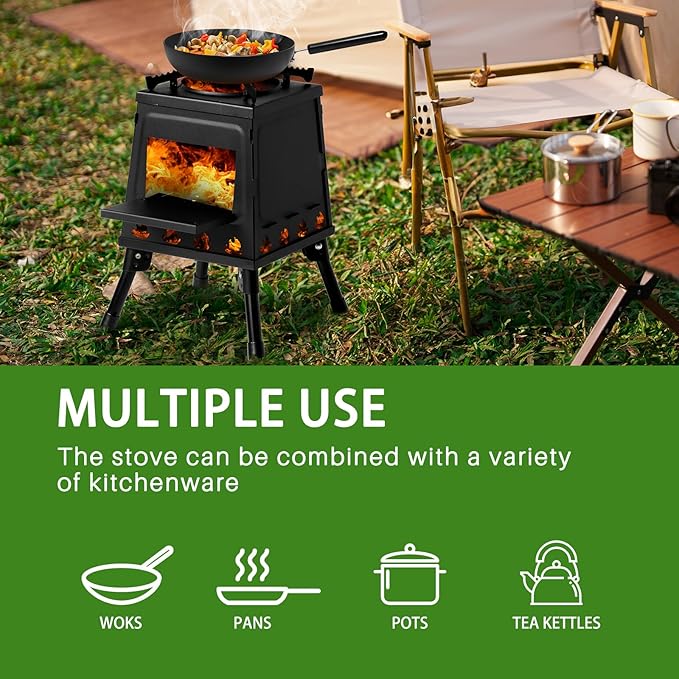 Outvita Camping Wood Stove, 10.6" Portable Folding Wood Burning Stove, Alloy Steel Backpacking Stove for Hiking, Outdoor Survival Stove Emergency for Picnic, Cooking Outside BBQ