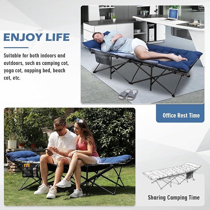 Oversized Folding Camping Cot 32inch w/Mattress, Heavy Duty Portable Sleeping Cot with Carry Bag, Double Layer Oxford Travel Camp Cots for Outdoors & Indoors, Suit for Adults Kids ,Navy/Grey