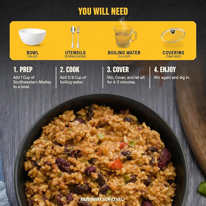 Nutrient Survival MRE Southwestern Medley Ready to Eat Meals (9 Servings) Freeze Dried Prepper Supplies & Emergency Food Supply, 40 Essential Nutrients, Shelf Stable Up to 15 Years, Pantry Pack