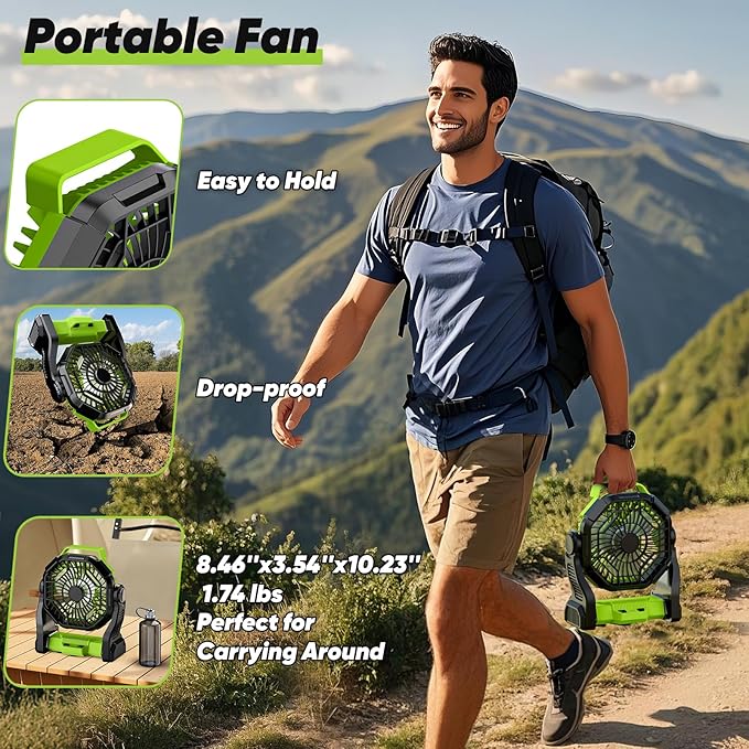 Battery Powered Fan Rechargeable, Real 10000mAh Portable Camping Fans for Tents, 10-Inch Cordless Battery Fans with LED Lights, Quiet Outdoor Fan for Travel, Hurricane, Power Outage, Green