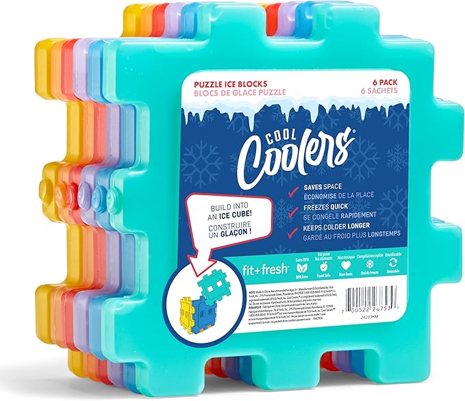 Cool Coolers by Fit & Fresh Kids Puzzle Shaped Lunch Box Ice Packs, Back to School Essential, Reusable Freeze Blocks for Insulated Bags and Cooler, Multicolored, 6PK