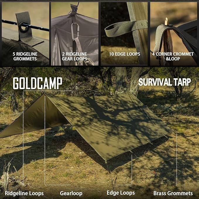 GOLDCAMP Bushcraft Emergency Camping Tarp,70D Nylon 10X13.2FT Hammock Rain Fly ,UV 50+ and PU15000mm Tent Tarp Shelter Canopy,Heavy Duty Multifunctional Sun Shade Essentials for Hiking (10X13.2ft)