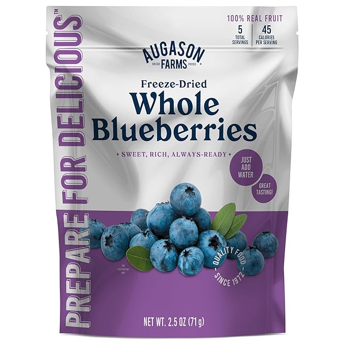 Augason Farms Freeze Dried Whole Blueberries Resealable Pouch, Emergency Food Supply, Everyday Meals, 5 Servings