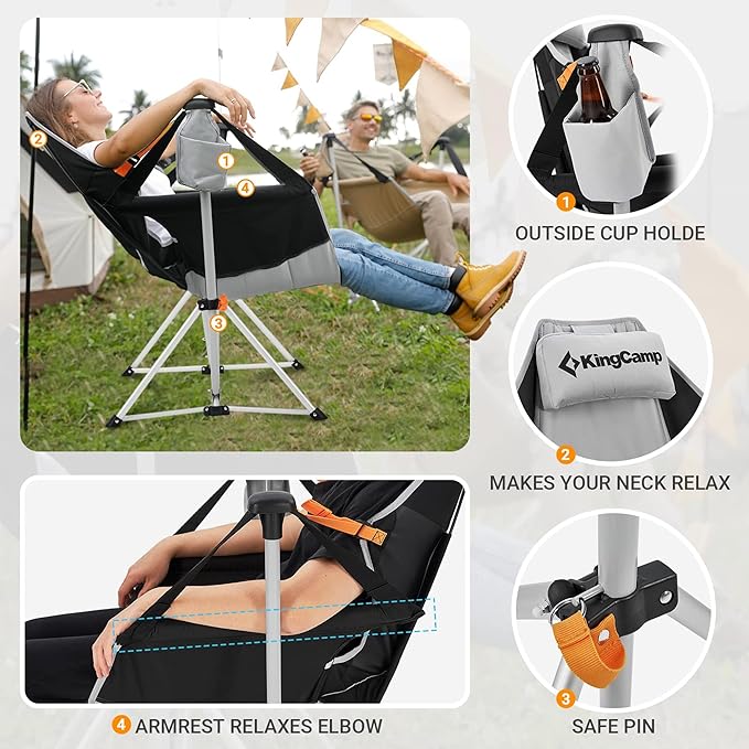 KingCamp Hammock Chair with Footrest, Swinging Portable Folding Camping Chairs for Adults MAX 400lbs Heavy Duty Foldable Oversized Rocker with Cup Holder Pillow for Outdoor Beach Patio Sport Lawn