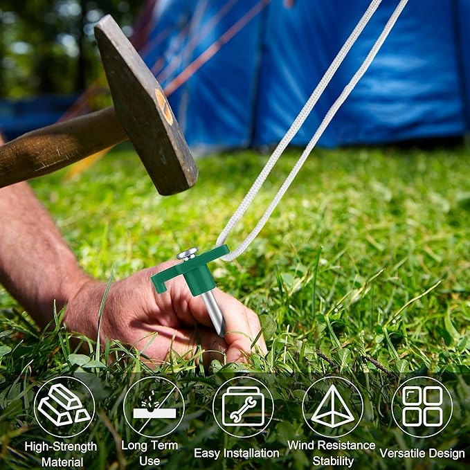 Aodaer 12 Pack Tent Stakes Heavy Duty Tent Pegs 10.25 Inch Non-Rust Metal Yard Stakes with 4x10ft Ropes and Storage Bag Inflatable Stakes for Gardening & Canopies, Camping Halloween Christmas, Green
