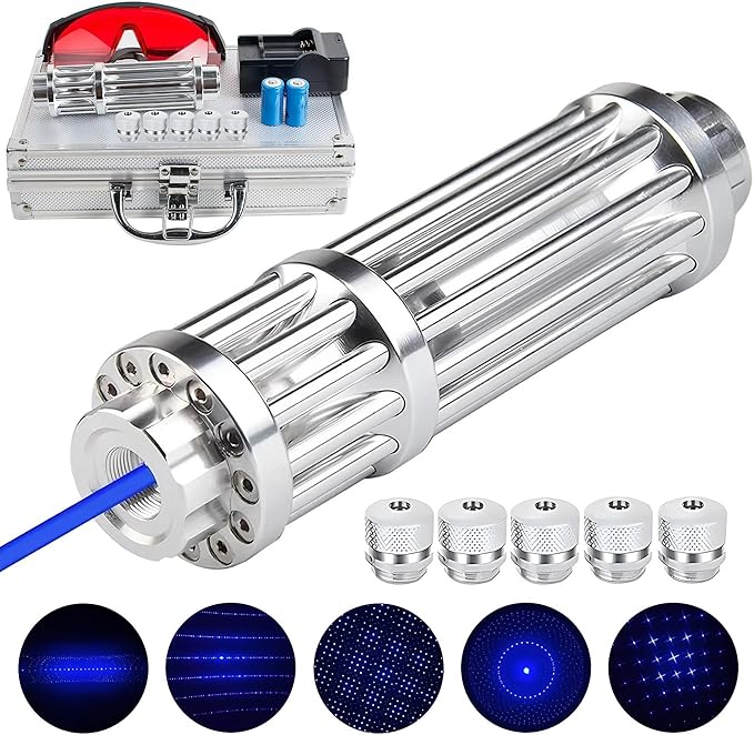 High Power Blue Flashlight, Long Range Powerful Blue Light, Rechargeable Flashlight with 5 Star-Cap for Camping, Hiking, Hunting, Fishing, Silver
