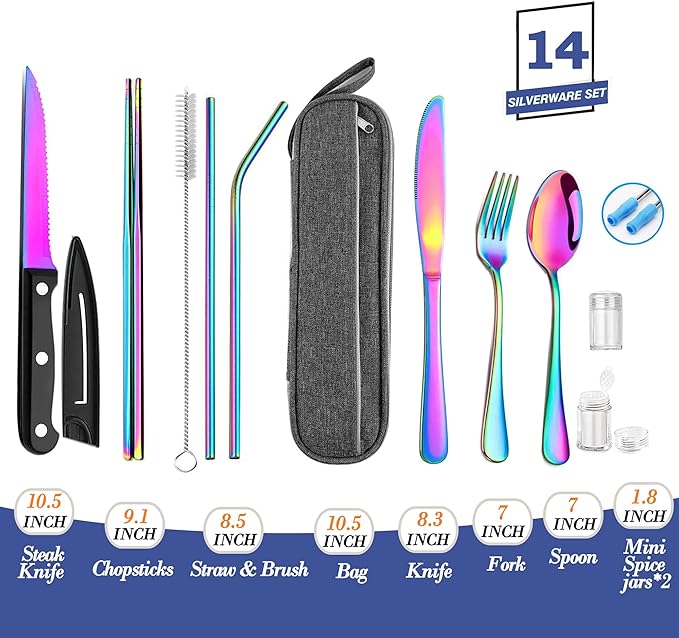 Portable Reusable Travel Utensils Silverware With Case, Camping Cutlery Set, Chopsticks and Straw, Flatware With Case, Stainless Steel Rainbow Top