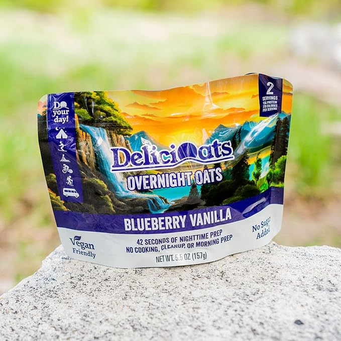 DeliciOats Overnight Oats | Dairy Free, Soy Free, Gluten Free Oatmeal for Backpacking, Camping, Emergency Food, and Everyday Breakfast (Pack of 1, Blueberry Vanilla)