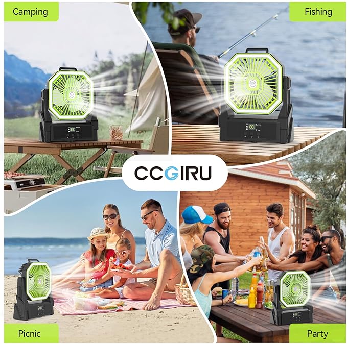 Portable Battery Powered Fan with 4 Lights, 20000mAh Battery Operated Fans with Remote, Outdoor Camping Fan Rechargeable, 4 Speed, 4 Timer for Picnic, Barbecue, Fishing, Home