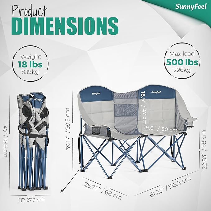 SUNNYFEEL Double Camping Chair, Portable Folding Loveseat with Cup Holders, Heavy Duty Steel Frame, Gray