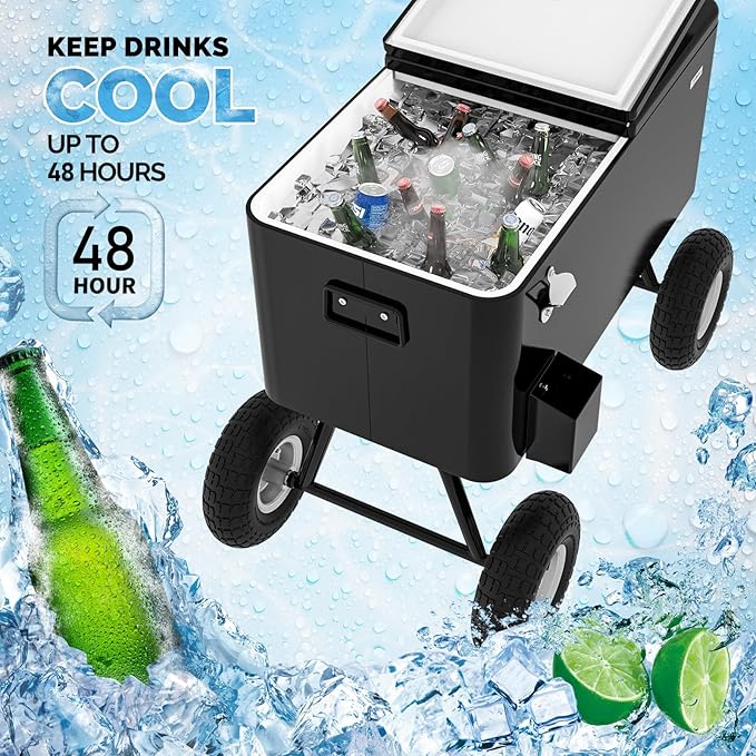 VINGLI 80 Quart Wagon Rolling Cooler Ice Chest, w/Long Handle and 10" Wheels, Portable Beach Patio Party Bar Cold Drink Beverage, Outdoor Park Cart on Wheels
