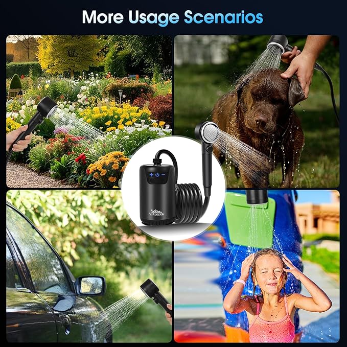 8000mAh Portable Camping Shower, 10-Speed Camp Shower Pump, LED Display, 4 Spray Modes, IPX8 Waterproof Outdoor Shower Kit for Hiking, Travel, Pet, Car Wash