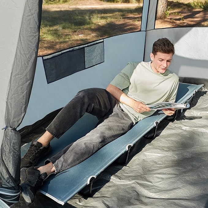 EVER ADVANCED Folding Camping Cot for Adults, Compact Sleeping Cots with Side Pocket, Portable Heavy Duty Foldable Camp Bed with Carry Bag for Outdoor, Travel, Grey