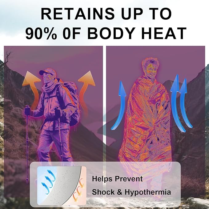 Emergency Blankets, Mylar Blankets, Space Thermal Blanket Survival Gear, Foil Blankets for Warmth, Heat Reflective Blanket for Outdoor Camping, Hiking, First Aid, Marathons, Bug Out Bag, Car Emergency