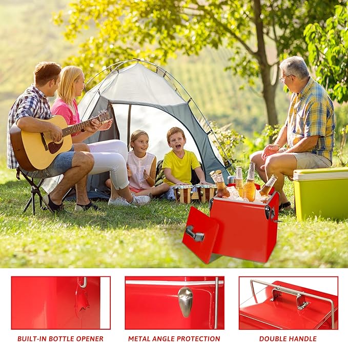 Retro Ice Chest Cooler with Bottle Opener 13L (14Qt), Stainless Steel Vintage Style Ice Bucket for Camping, Party, Beach, Picnic, RV, BBQ, Tailgating, Fishing