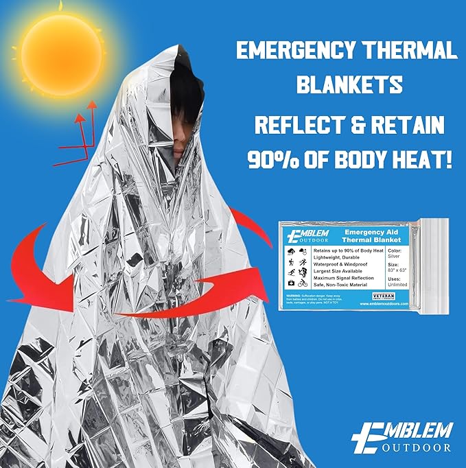 Thermal Emergency Blanket for Survival, Hiking, Camping, First Aid, and Bug Out Bag for Protection from Cold, Rain, and Weather Exposure. Heavy Duty Mylar-Survival Blanket for Car, Outdoors