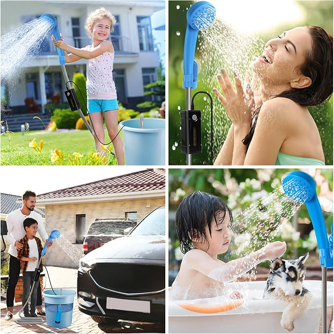 Portable Outdoor Shower with LED Lighting, Battery-Driven Pump for Beaches, Camping, Gardens & Hiking