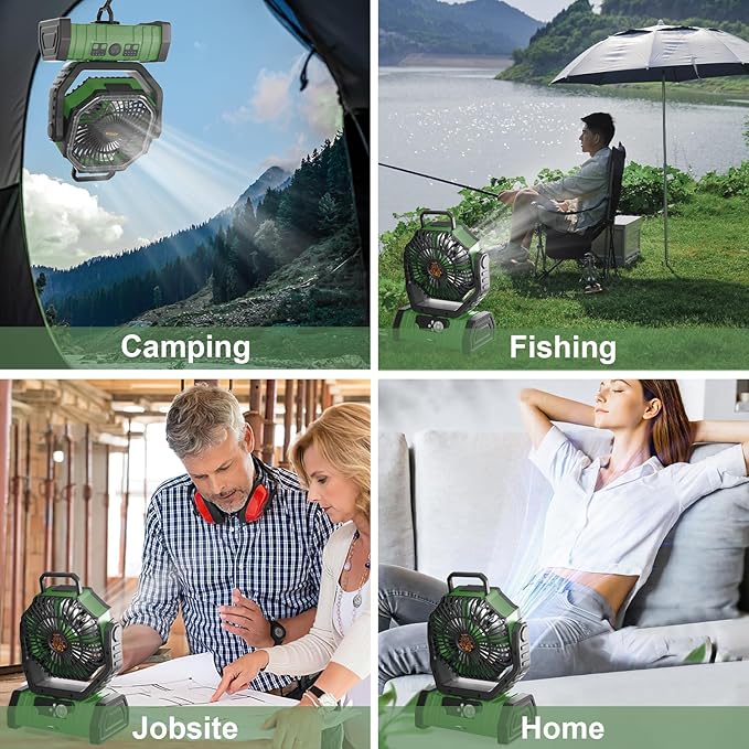 KEPEAK Rechargeable Camping Fan with LED Light, 20000Ah Battery Operated Powered Fan, 72H Runtime, Remote Control, 5.3m Airflow, Ultra-Quiet Portable Fan for Tents, Outdoor, Camping(Green)