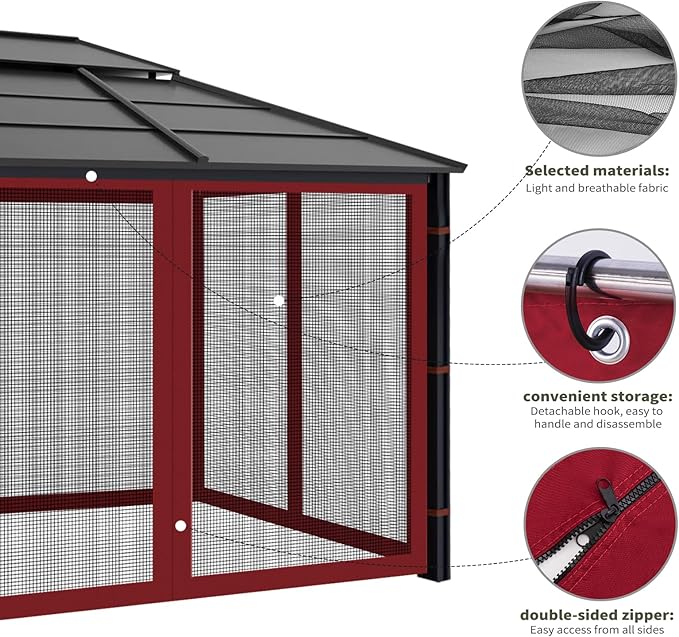 Gazebo Replacement Mosquito Netting Outdoor Universal Gazebo Canopy 4-Panels Screen Sidewalls with Zipper for Patio Garden (Red, 10x10)