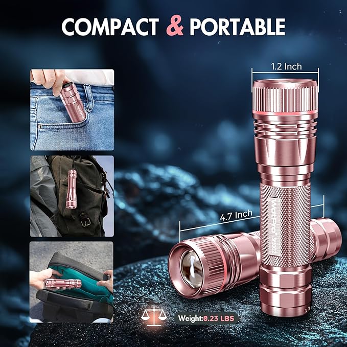 WdtPro Rechargeable Flashlights High Lumens, 1 Pack Super Bright LED Small Tactical EDC Flashlight with 10H Runtime, Portable Flash light for Camping, Home, Emergency Essentials Pink(Battery Included)