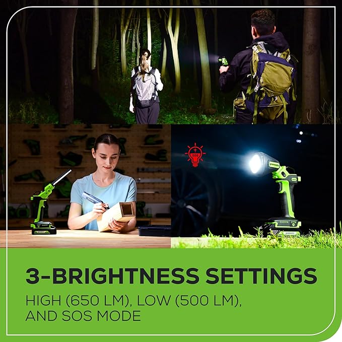 Greenworks 24V 2-in-1 Work Light, Dual Function, (2) Interchangeable Light Heads, 650 Lumen LED, 2.0Ah Battery and Compact Charger Included