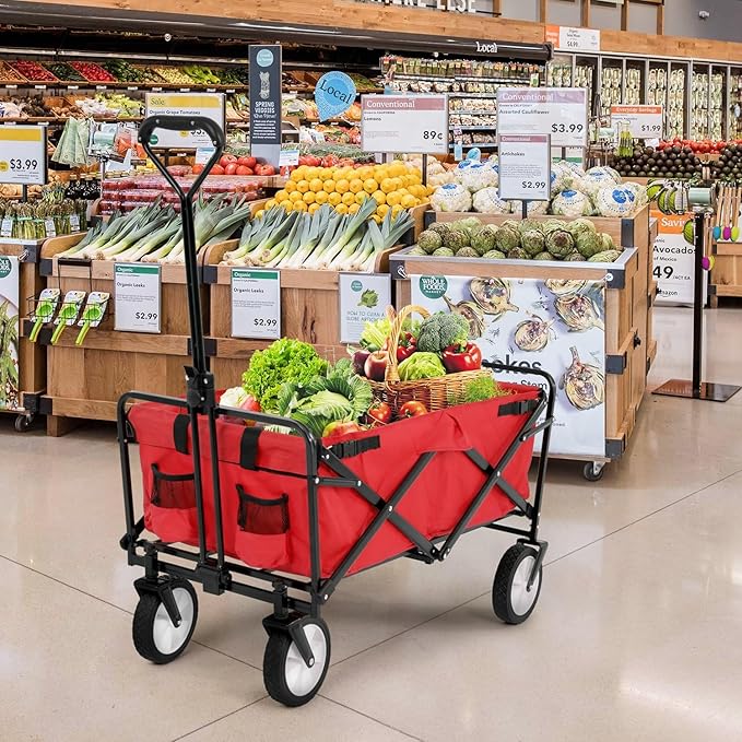 FDW 39''L Collapsible Wagon Cart, Heavy Duty Utility Folding Wagon for Outdoor Sports, 330 LBS Weight Capacity, Camping, Garden, and Shopping, Red