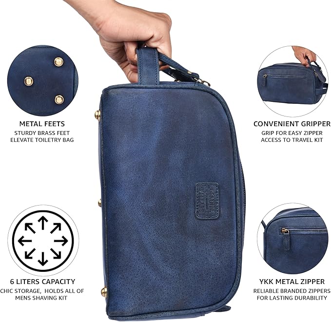 LEATHER VILLAGE Premium Leather Toiletry Travel Pouch With Waterproof Lining - Blue | King-Size Handcrafted Vintage Dopp Kit Bag