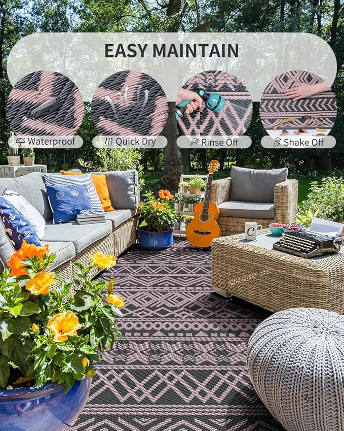 MontVoo Outdoor Rug 8x10 Waterproof Outdoor Patio Rug Mat Reverisble Plastic Straw Outdoor Rug for RV Camping Picnic Beach Balcony Boho Pink Grey