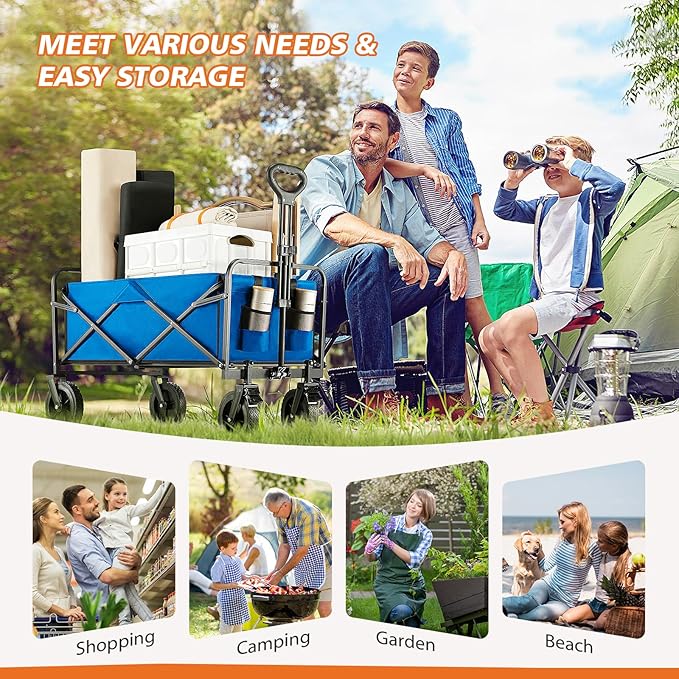 Sweetcrispy Foldable Wagon Cart, Collapsible Large Capacity Garden Cart with Wheels, Heavy Duty Utility Grocery Wagon with Drink Holders for Shopping Sports Camping