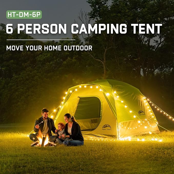 Happy Travel Camping Tent, 6 Person Dome Tents for Camping with Rainfly, Waterproof Clip Easy Setup Portable Family Tent with Mesh Windows, 20% More Headroom Backpacking Tents for Camping & Hiking