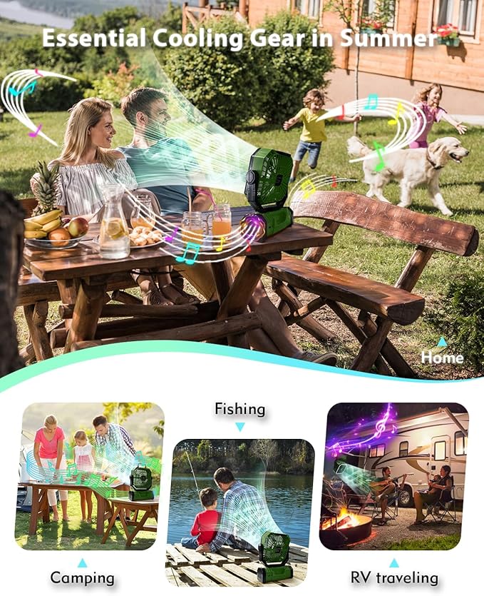 20000mAh Portable Camping Fan, Rechargeable Battery Operated Oscillating Tent Fan W/Bluetooth Speaker, Remote Control, 4 Speeds, LED lights & 360° Rotation Hook for Outdoor RV Travel, Green