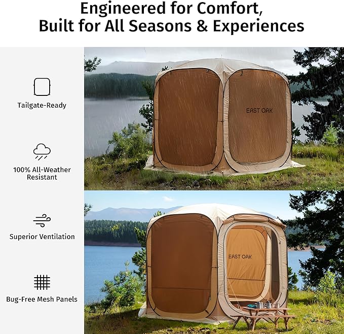 East Oak 12ร12 FT Pop Up Canopy Tent with Mesh | Outdoor Screen House with 4 Sunshades | Instant Canopy with Portable Carry Bag | Gazebo Tent for Camping, Patio, and Beach | Beige