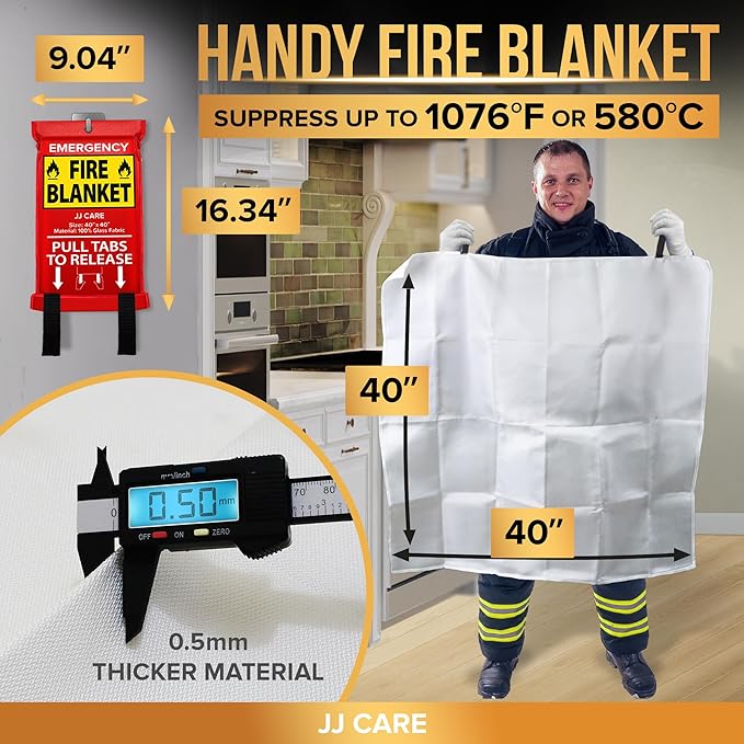 JJ CARE Fire Blanket – 5 Packs with Hooks and Gloves – Emergency Fire Blanket for Home & Kitchen, High Heat Resistant Fire Suppression Blankets for Home Safety, Kitchen, and Camping
