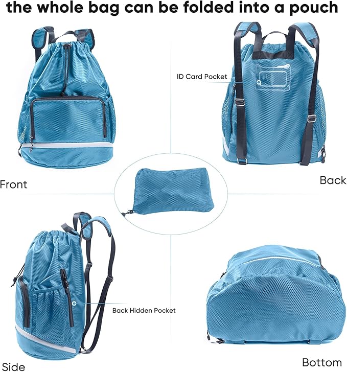 Swim Essentials Beach Gym Bag - Drawstring Backpack with Shoes Compartment and Waterproof Pocket for Kids, Men - Workout Bag