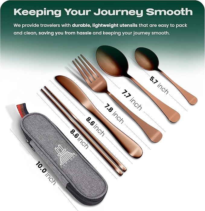 Portable Travel Silverware Set With Case, Includes 5 Pcs of Travel Utensils With Case, Stainless Steel Flatware Set For Camping, Easy to Travel, Lightweight (Rose Gold)