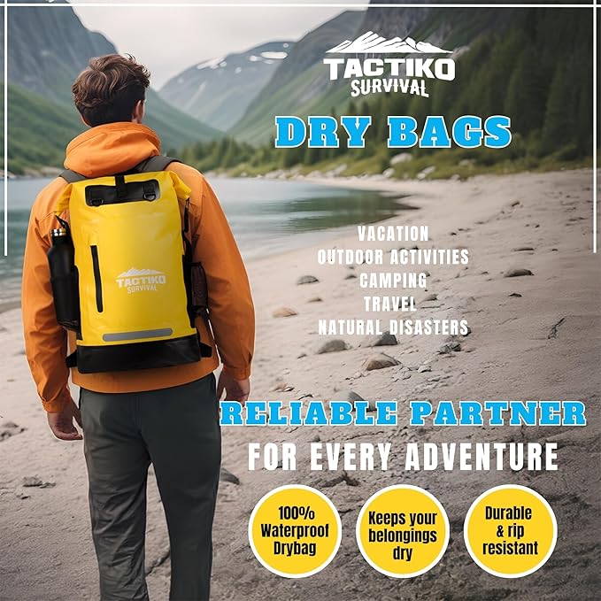 TACTIKO 30L Heavy-Duty 100% Waterproof Backpack, Roll Top Dry Bags for Kayaking, Hiking, Camping, Survival